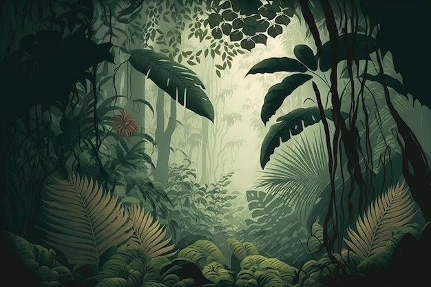 Papel de parede com árvores tropicais e folhas em uma floresta enevoada