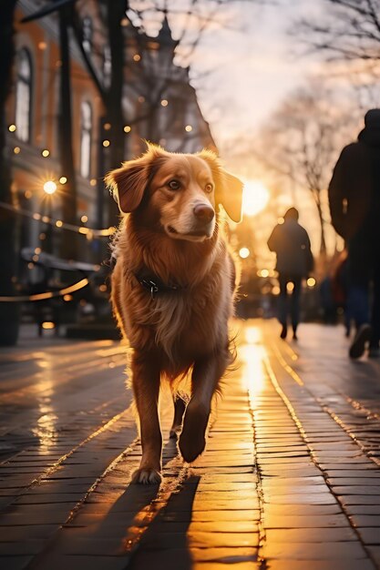 Papel de parede com cachorro andando pela cidade chuvosa moderna sob os raios do sol brilhante