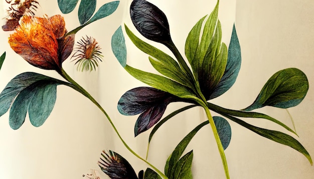 Foto papel de parede com folhas de plantas e flores com elementos ousados generative ai