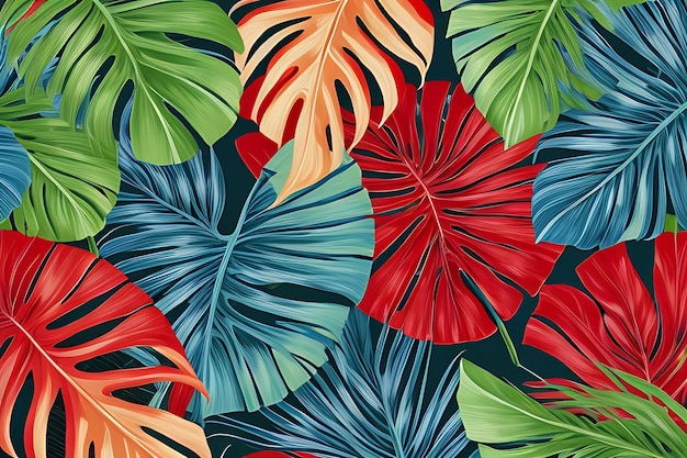 Papel de parede com folhas tropicais e um fundo vermelho e azul