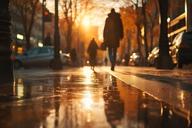 Papel de parede com pessoas borradas caminhando pela cidade chuvosa moderna em raios de sol brilhante