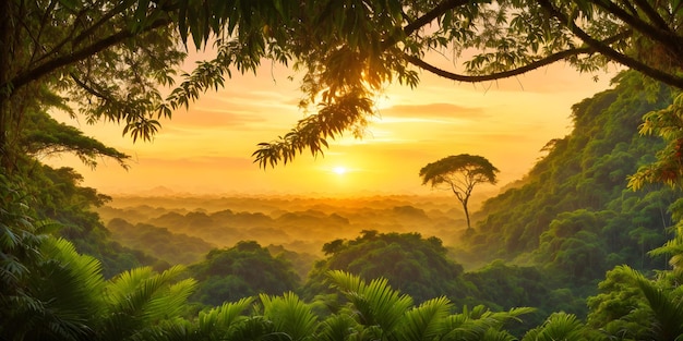 Papel de parede com uma paisagem tropical ao pôr do sol Selva com montanhas, palmeiras e outras plantas selvagens Céu com nuvens e sol poente Ilustração da floresta tropical Natureza intocada Generative AI