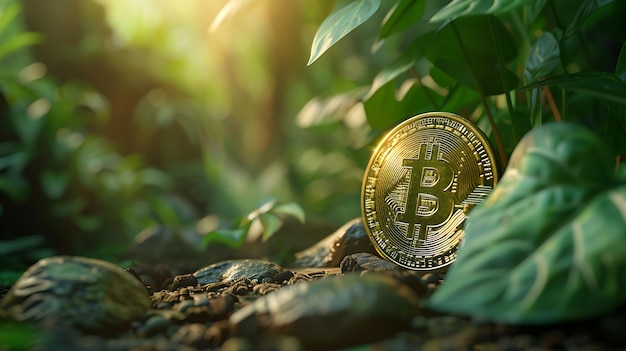 Foto papel de parede da selva com bitcoin definido contra um pano de fundo de uma ilustração l crypto trading backgroundu