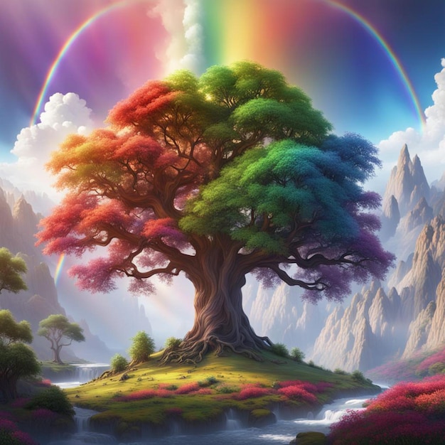 Papel de parede de árvore colorido com um padrão de arco-íris vibrante adicionando um toque animado a qualquer espaço