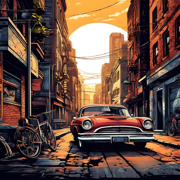 Papel de parede de automóvel clássico urbano ou ilustração de automóvel