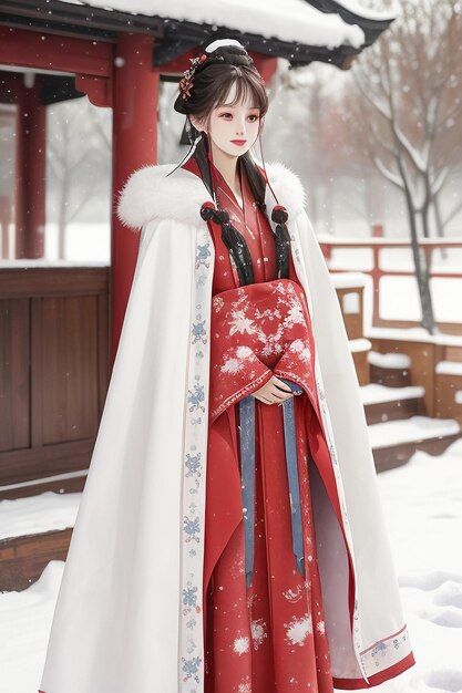 Papel de parede de beleza chinesa clássica vestindo jaqueta Hanfu cheongsam no inverno frio e nevando