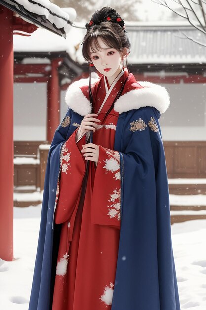 Foto papel de parede de beleza chinesa clássica vestindo jaqueta hanfu cheongsam no inverno frio e nevando