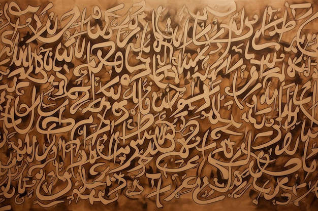 Papel de parede de caligrafia árabe em uma parede com fundo marrom e entrelaçamento de papel antigo