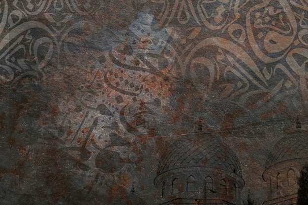 Foto papel de parede de caligrafia árabe em uma parede com um antigo fundo de ferro preto e marrom e antigo