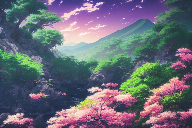 Papel de parede de cenário de anime do Japão com lindas cerejeiras rosa e o Monte Fuji ao fundo