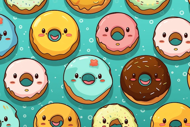 Papel de parede de donuts de desenho animado com vários rostos