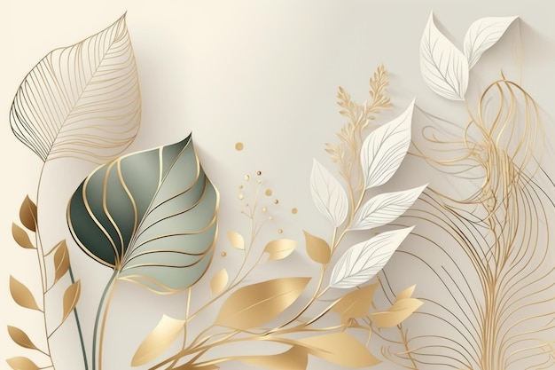 Papel de parede de estilo de luxo mínimo com flor de arte de linha dourada e fundo de folhas botânicas