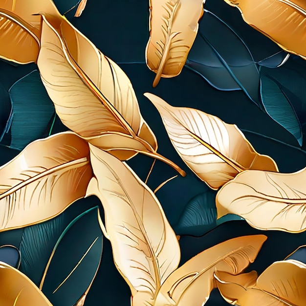 Papel de parede de folha ropical Luxo natureza deixa padrão design Golden banana leaf line arts Contorno desenhado à mão