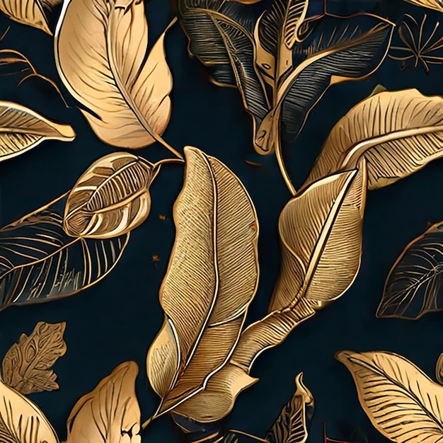 Papel de parede de folha ropical Luxo natureza deixa padrão design Golden banana leaf line arts Contorno desenhado à mão