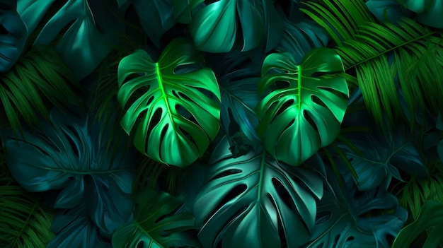 Papel de parede de folhas de palmeira e monstera na ideia da selva para vista superior do interior gerada por IA