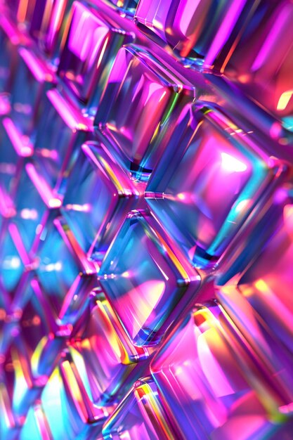 Papel de parede de fundo 3D abstrato com quadrados de vidro com emissor de luz colorido de néon iridescente