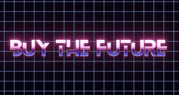 Papel de parede de fundo Estilo vintage dos anos 80 compre o futuro texto sinal de néon antigo conceito de jogo Luzes de néon brilhantes Onda retrô e estilo synthwavePara negócios nft crpyto3D renderização ilustração de imagens