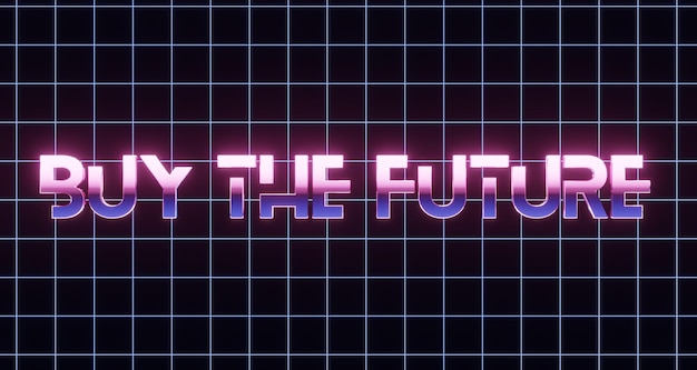 Papel de parede de fundo estilo vintage dos anos 80 compre o futuro texto sinal de néon antigo conceito de jogo luzes de néon brilhantes onda retrô e estilo synthwavepara negócios nft crpyto3d renderização ilustração de imagens