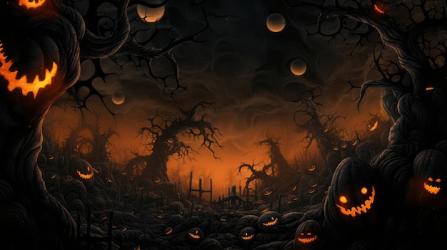 papel de parede de halloween com abóboras e árvores