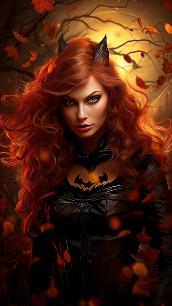 papel de parede de halloween vermelho e bronze iluminado mulher ruiva cabelo bruxa gato preto e morcegos