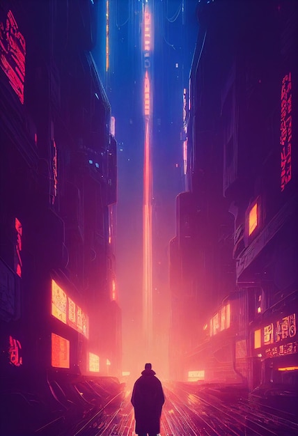 Papel de parede de ilustração futurista de paisagem urbana cyberpunk edifícios maciços com estilo de anime em quadrinhos neon ilustração abstrata digital