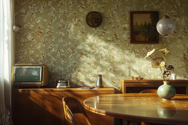 Papel de parede de inspiração vintage numa sala de jantar retro