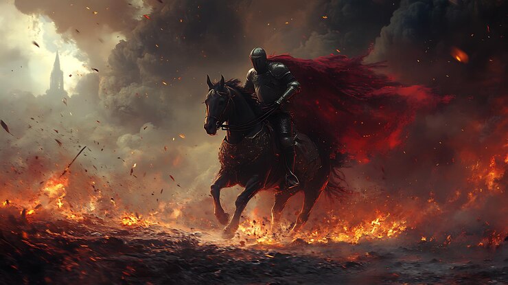 Foto papel de parede de jogo 4k de um cavaleiro em armadura brilhante montando um cavalo através de um campo de batalha