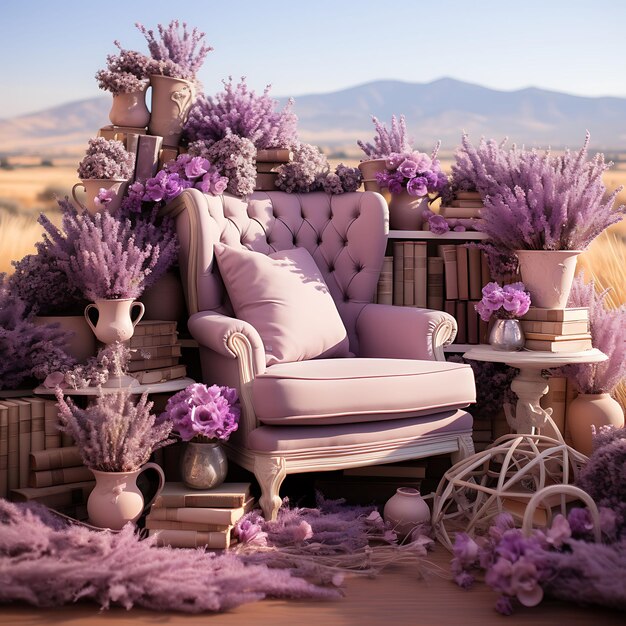 Papel de parede de Lavender Field Rolling Hills Vintage Poltrona Mason Jars Lav Content Creator Concept