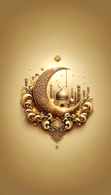 Papel de parede de ouro de luxo de Eid Mubarak com intrincada lua crescente e mesquita