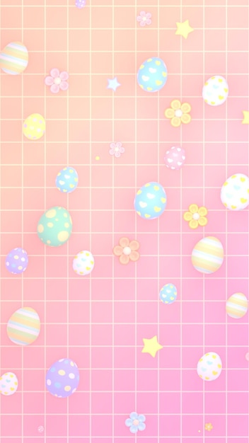 Papel de parede de ovos de Páscoa, flores e estrelas kawaii renderizado em 3D. (vertical)