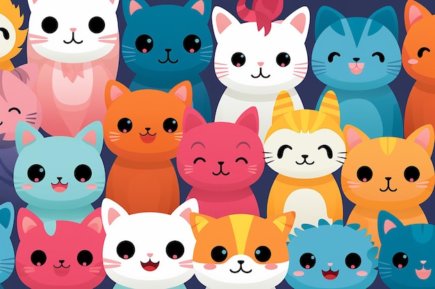 Papel de parede de padrão sem costura de gato kawaii de anime fofo