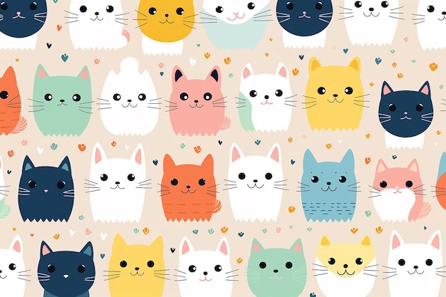 Papel de parede de padrão sem costura de gato kawaii de anime fofo