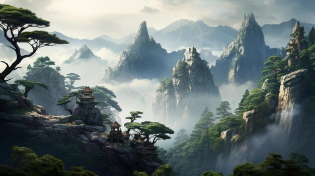 Foto papel de parede de paisagem chinesa vistas montanhosas em estilo de fantasia exótica