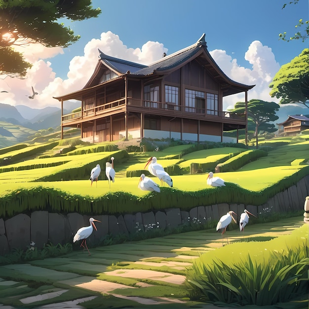 Papel de parede de paisagem de aldeia em estilo animado