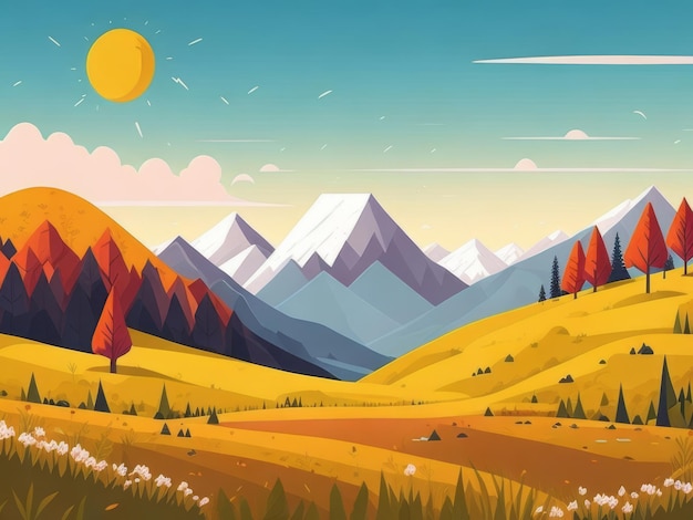 Papel de parede de paisagem de desenho animado para apresentação neve montanha sol outono