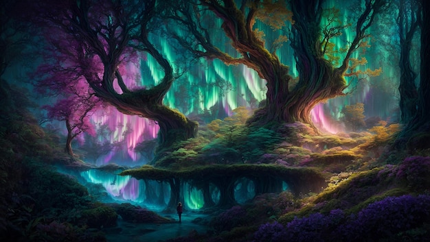 Papel de parede de paisagem de fantasia Florestas misteriosas Aurora Árvores gigantes IA generativa mágica