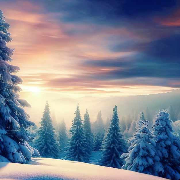 Papel de parede de paisagem de inverno com floresta de pinheiros coberta de neve e céu cênico no pôr do sol