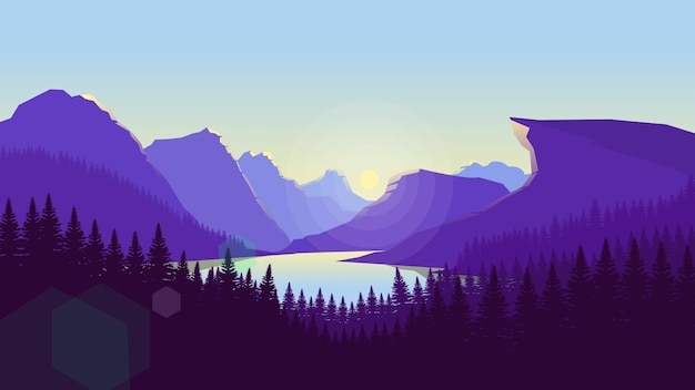 Papel de parede de paisagem de montanha roxo em um estilo de design plano minimalista