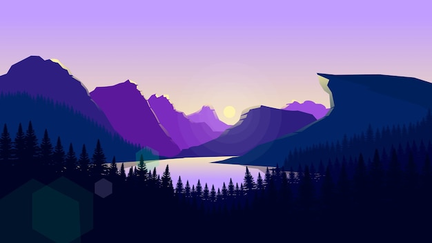 Papel de parede de paisagem de montanha roxo em um estilo de design plano minimalista