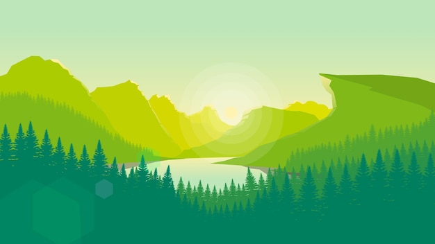 Papel de parede de paisagem de montanha verde em um estilo de design plano minimalista
