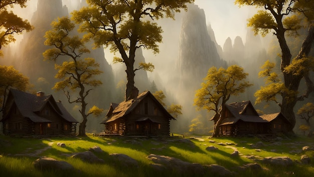 Foto papel de parede de paisagem de uma cabana solitária no meio de um carvalho do vale