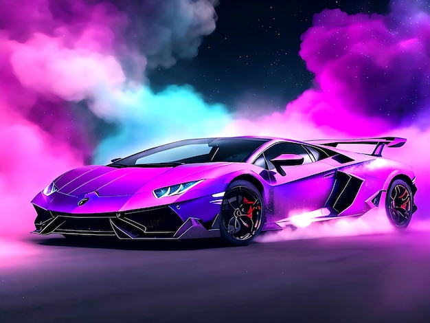 Papel de parede de um carro lamborghini com fumaça e vibração de galáxia gerada ai