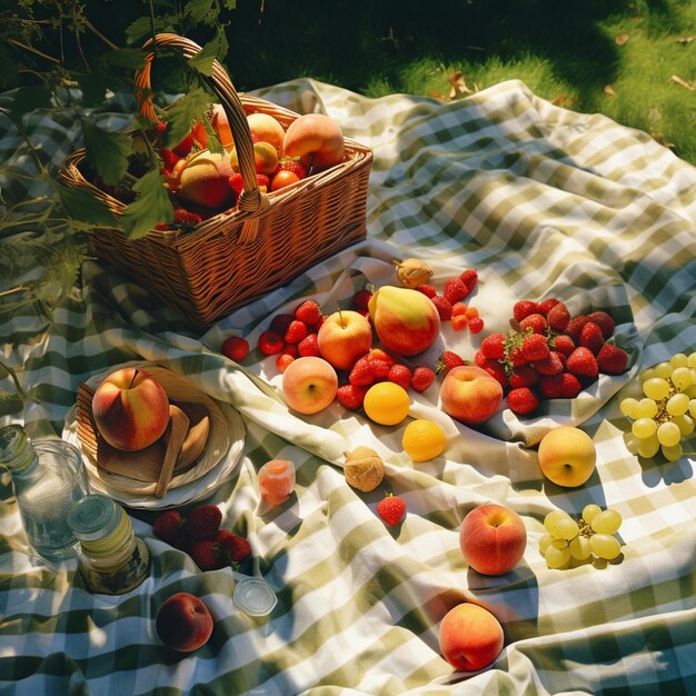 Papel de parede de uma cesta de piquenique com frutas