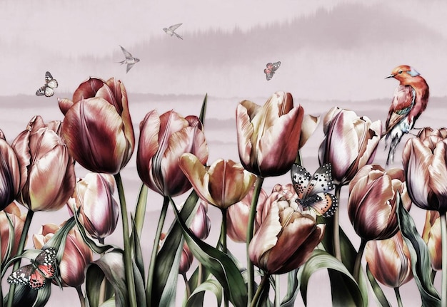 Papel de parede desenhando padrão de paisagem de flores de tulipa com botões w