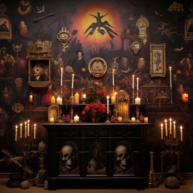 Papel de parede deslumbrante de um altar ancestral adornado com imagens de velas e incenso