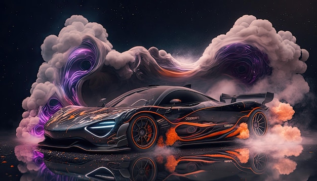 Papel de parede do carro Mclaren com fumaça e vibe de galáxia gerado Ai