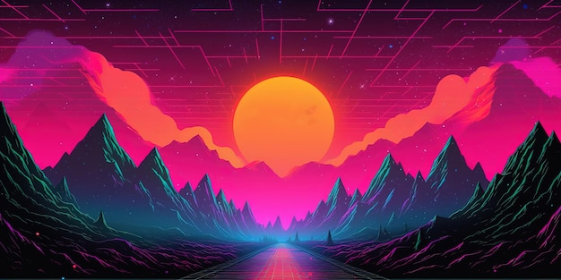 Papel de parede estético de retrowave synthwave de montanha com um design de neon legal e vibrante