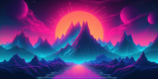 Papel de parede estético de retrowave synthwave de montanha com um design de neon legal e vibrante