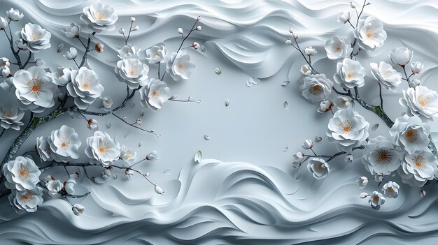 Papel de parede floral branco elegante com padrão ondulado em 3D