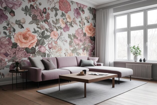 Papel de parede floral em sala de estar minimalista criada com IA generativa